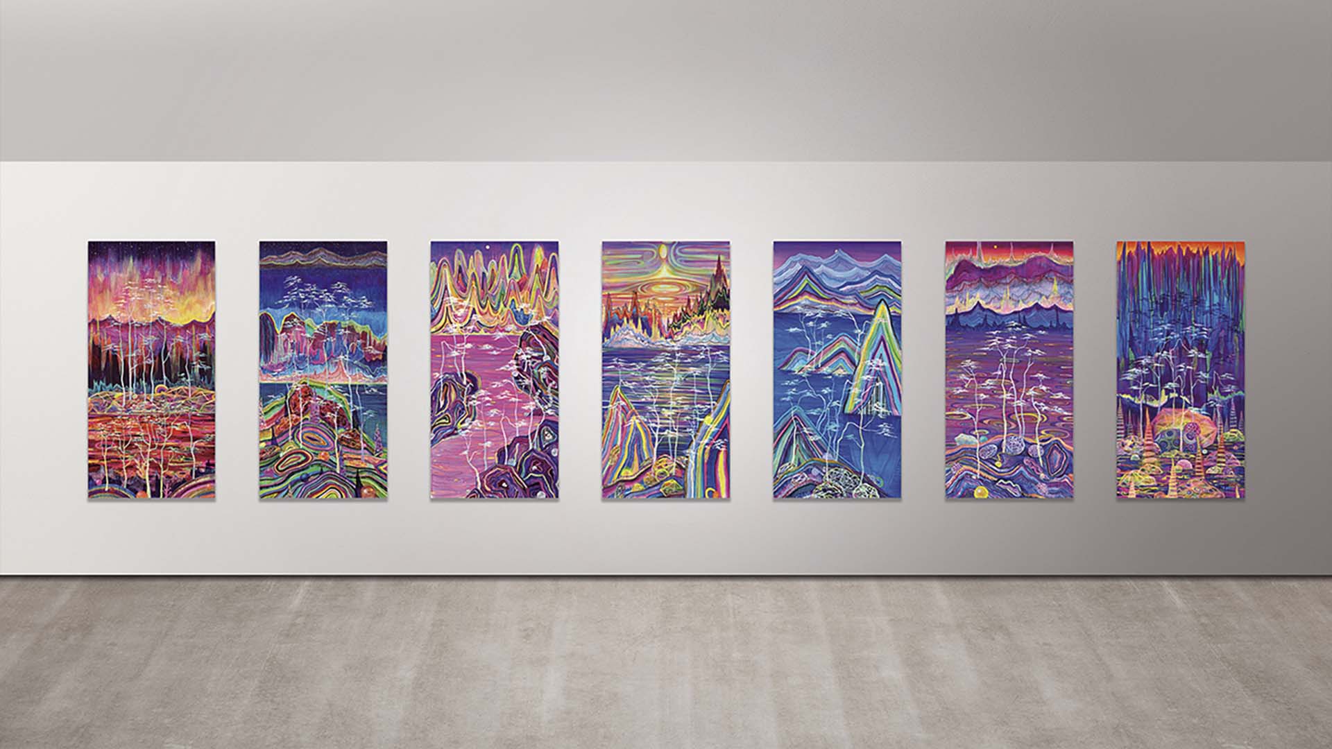 黃宇興，《七寶松圖》，壓克力、畫布，200×99.5 cm（每件，七聯作），2016-2019，© Huang Yuxing，預估價HKD2,800,00-4,800,000。（佳士得香港提供）