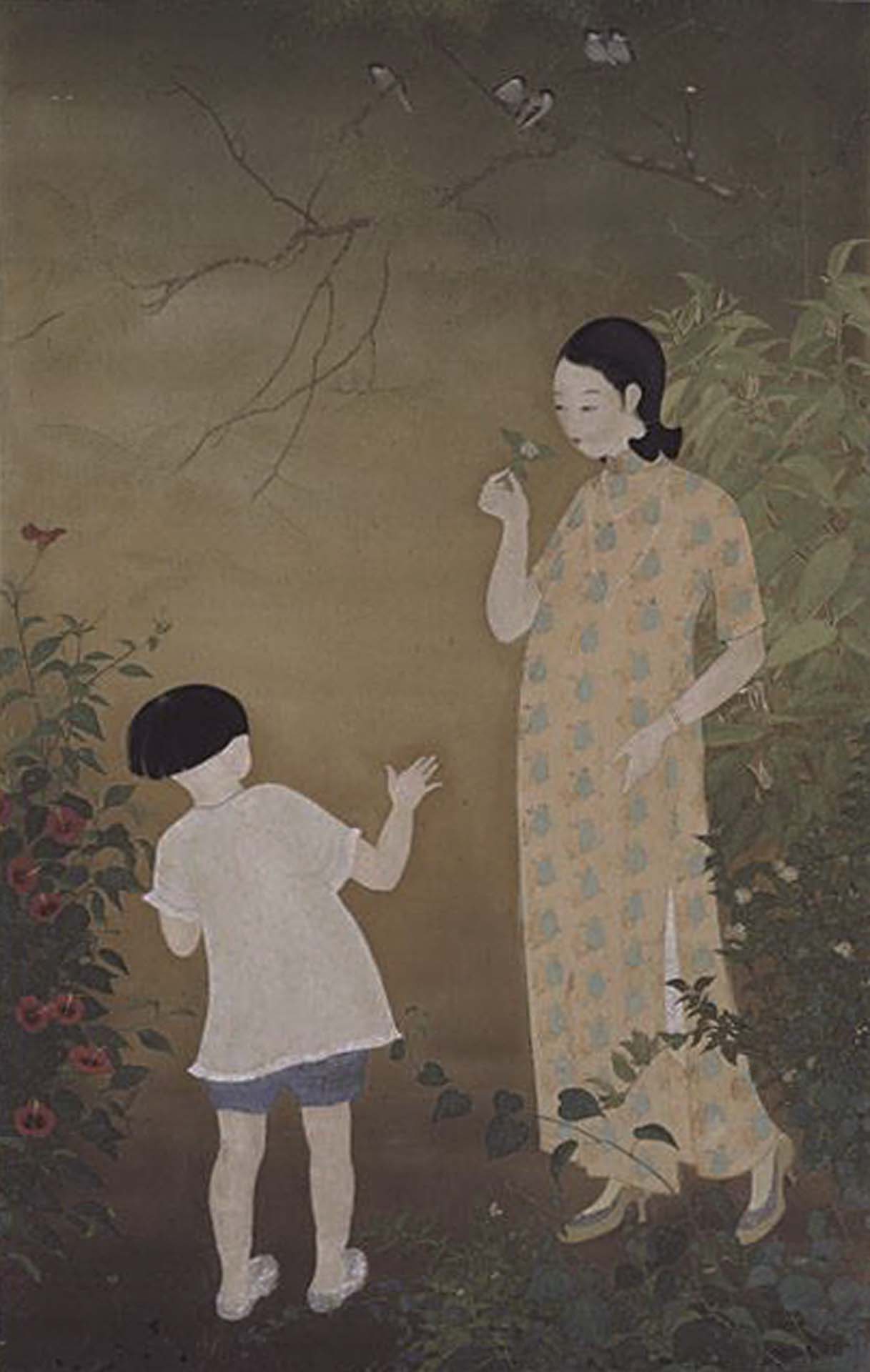 吳梅嶺，《庭園一隅》，絹本設色，240×115cm，1934。（梅嶺美術館提供）