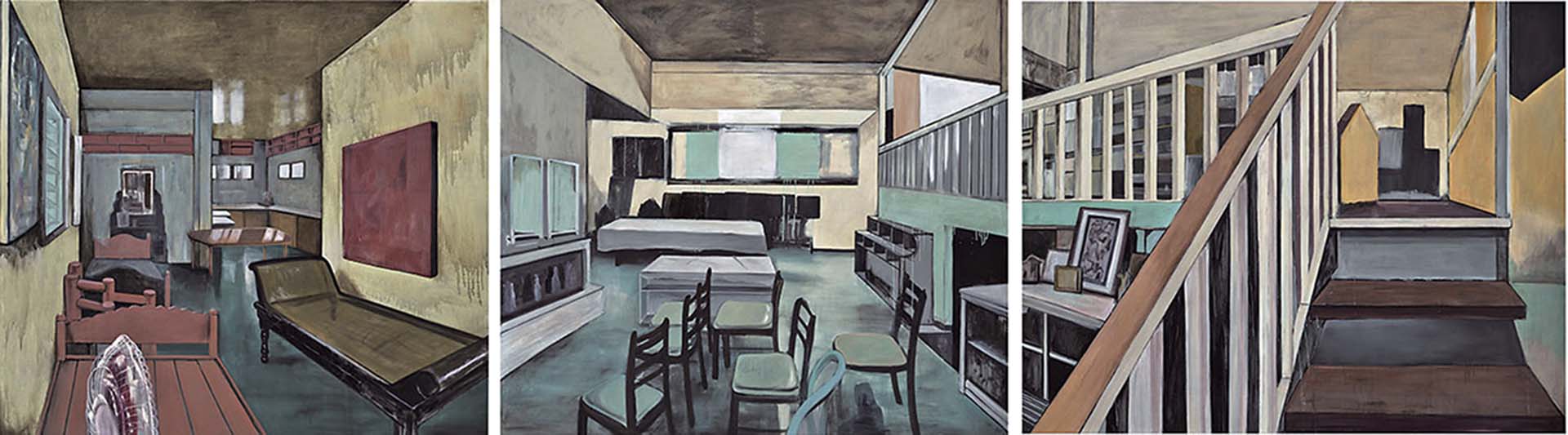 由左至右瑪莉娜．克魯斯，《空間變換I》，油彩、畫布，243.8×274.3cm，2021 。（安卓藝術提供）瑪莉娜．克魯斯，《空間變換II》，油彩、畫布，243.8×284.5cm，2021 。（安卓藝術提供）瑪莉娜．克魯斯，《空間變換 I…