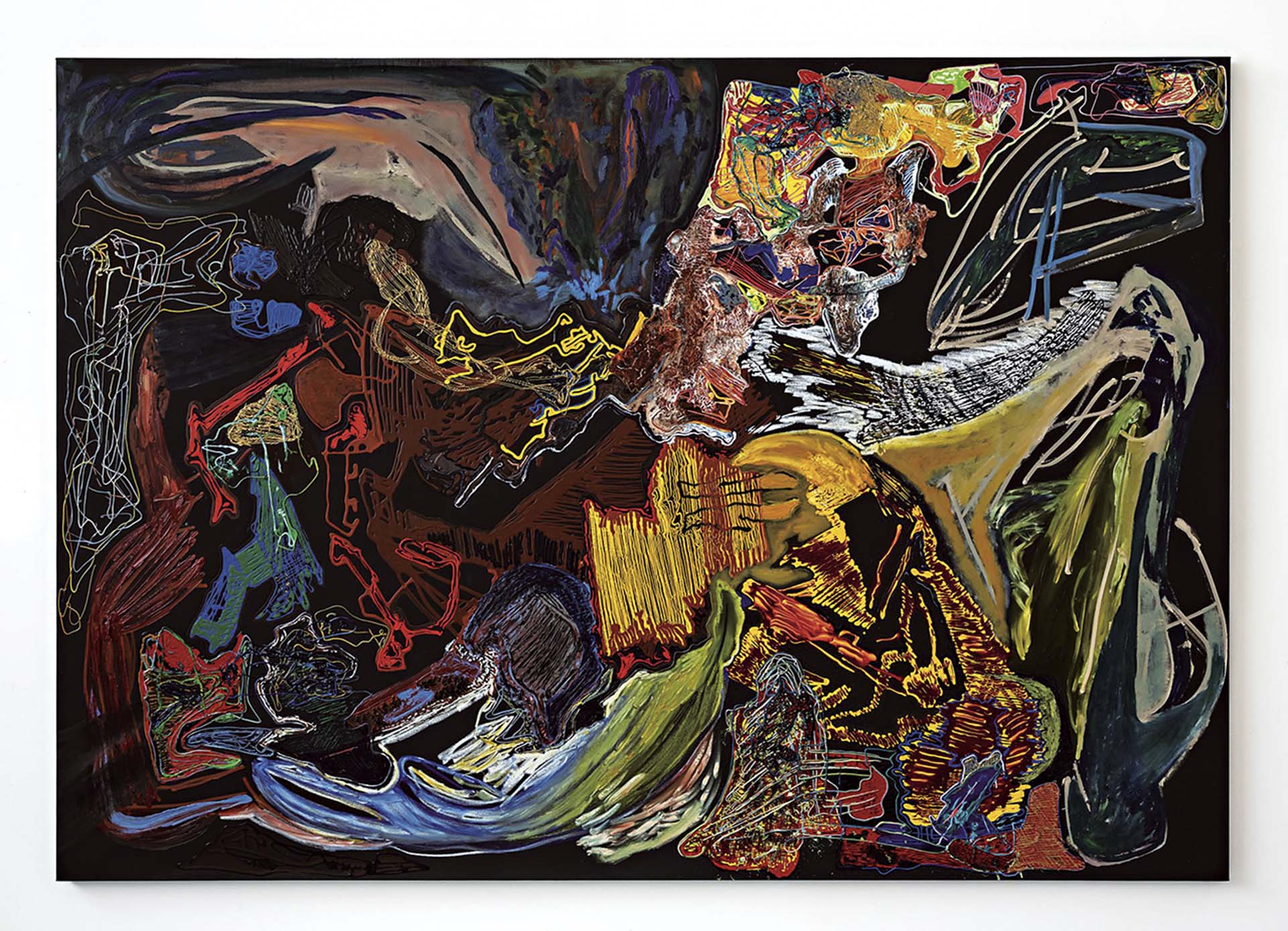 莉莉.基米爾,《夜之騎士》,油彩、油畫棒、壓克力、畫布,193×274.3 cm,2021。(© 莉莉.基米爾,致謝藝術家與阿爾敏.萊希。攝影/Charles Roussel)