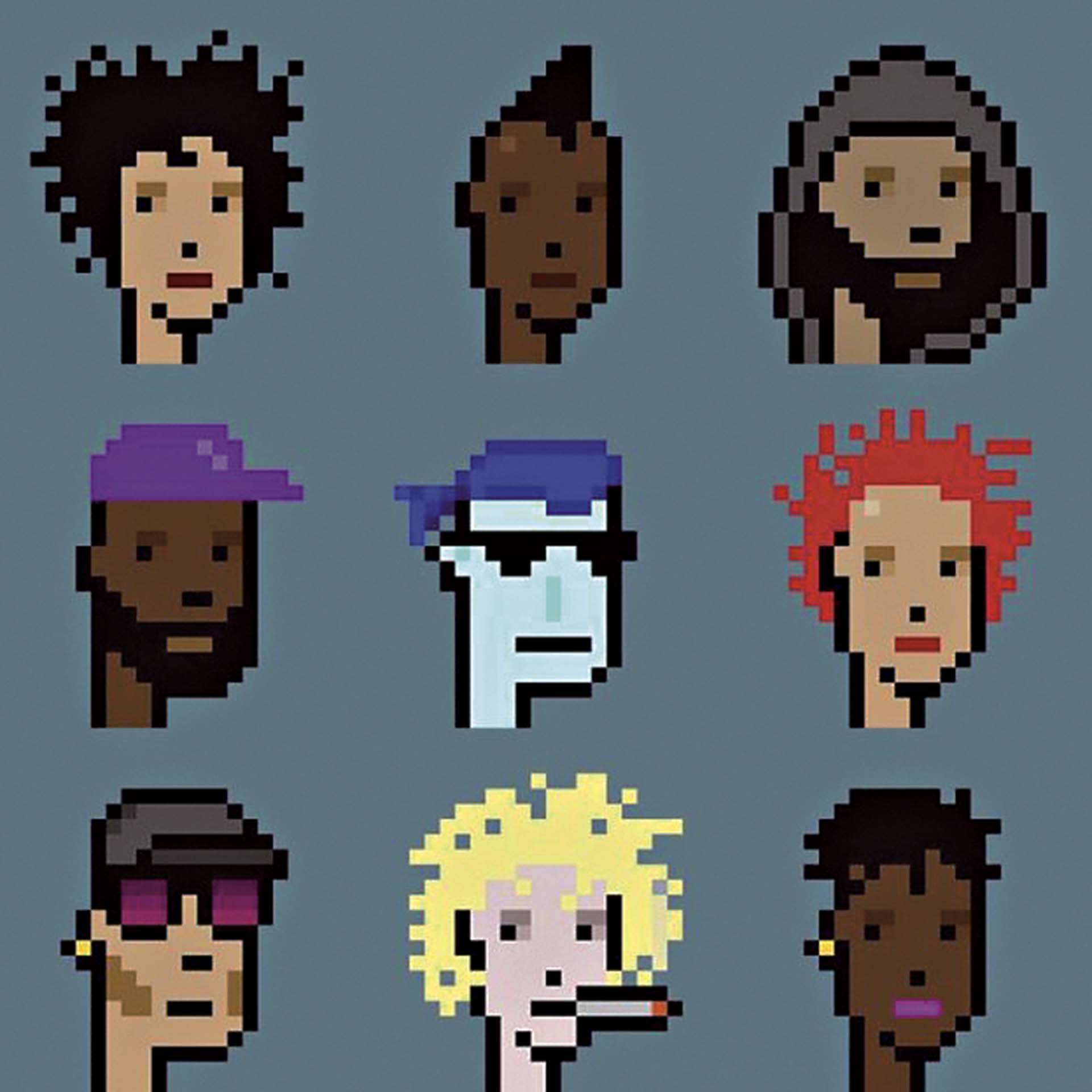 佳士得於今年5月拍賣一組 CryptoPunks 藝術作品,由九個CryptoPunk頭像組成,最終以 1,690 萬美元成交。(Courtesy of Larva Labs,佳士得提供)