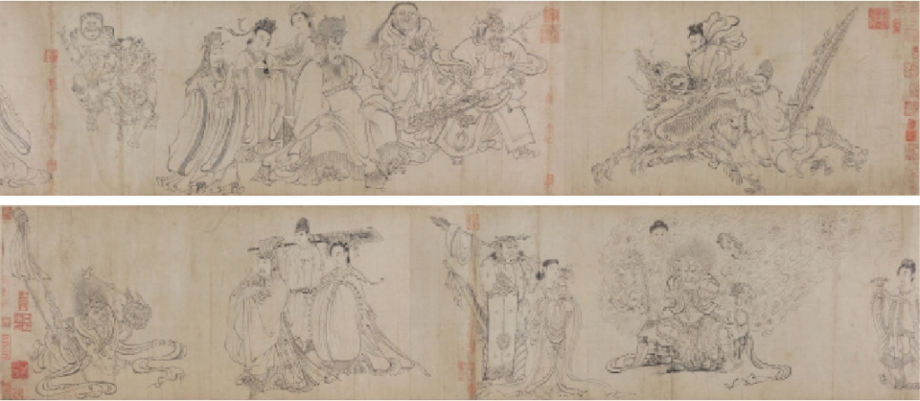 唐 吳道玄〈送子天王圖〉，紙本水墨，35.7×338公分，大阪市立美術館藏。