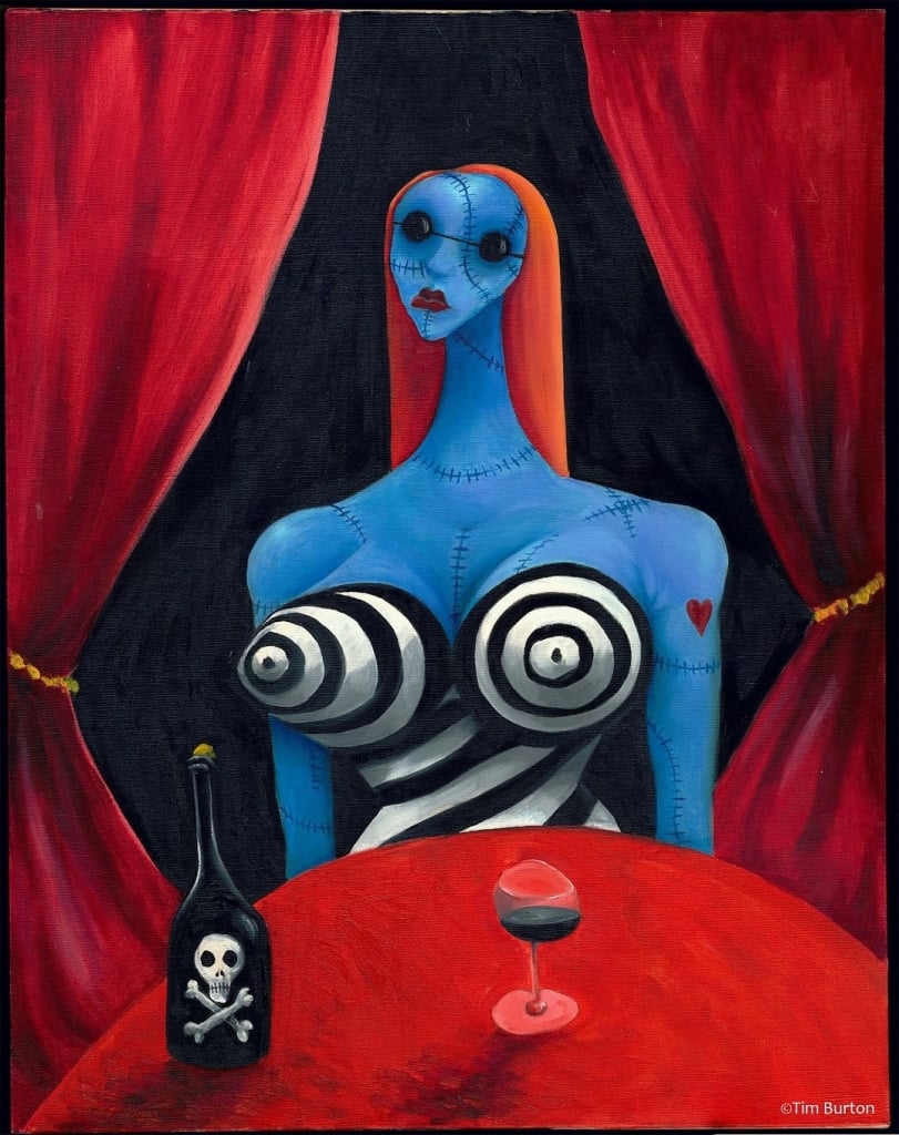 展出波頓手稿作品之一-《藍色女孩與紅酒》Blue Girl with Wine,1997（圖／時藝多媒體《提姆波頓異想世界展》）