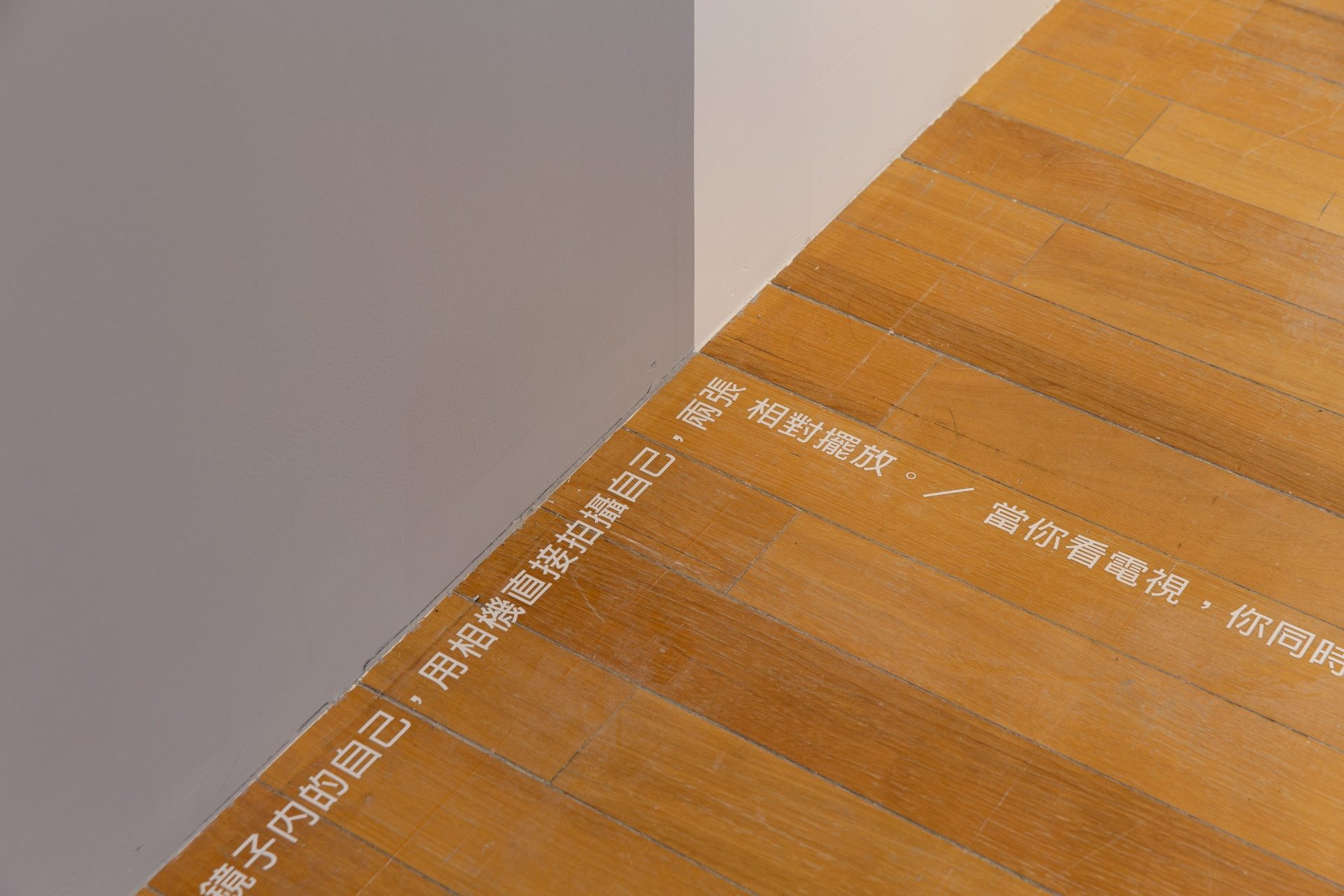 白雙全，《台北手記：2011.11.19-2011.11.28》，2011，文字裝置（卡點西德字）環繞牆面和地面，尺寸依場地而定，臺北市立美術館藏。（藝術家及臺北市立美術館提供）