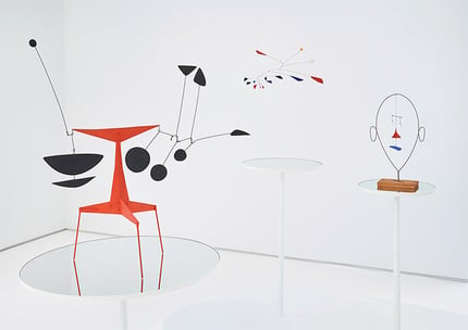 View of “Alexander Calder,” 2015. From left: Red T with Black Flags, 1946; Untitled, ca. 1956; Untit…