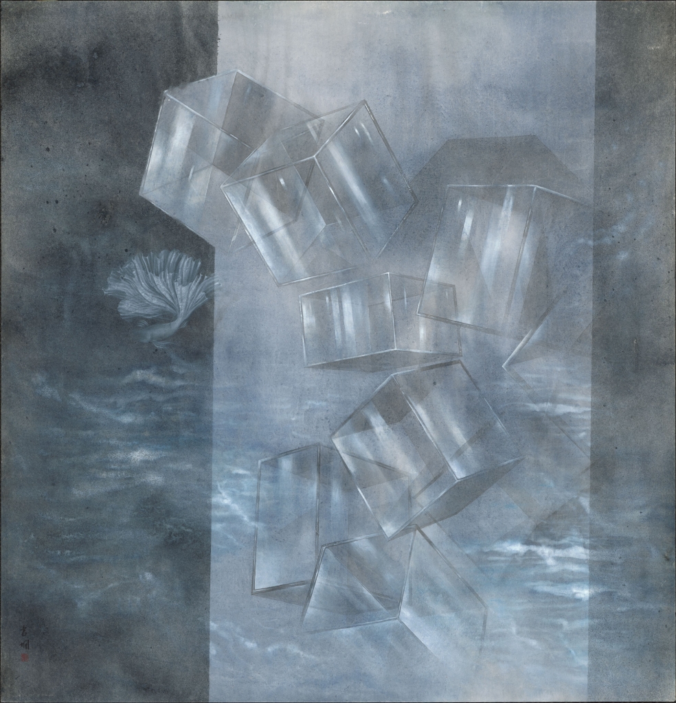 李書嫺，《鬥魚公寓-鏡1》，水墨紙本，93×90cm，2022。（國立新竹生活美學館提供）