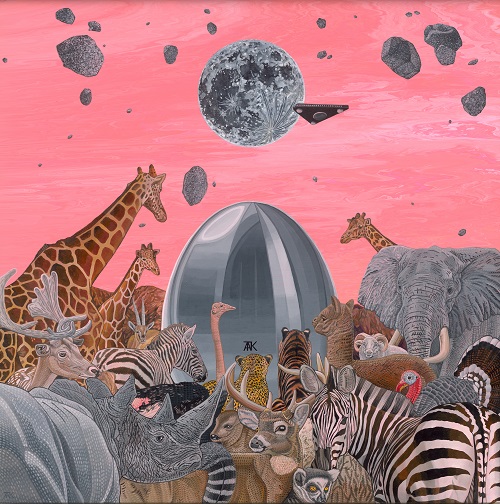 邱泰寬，《沙盤遊戲-宇宙蛋（現在）》，平面複合媒材，90×90cm，2023。（國立新竹生活美學館提供）