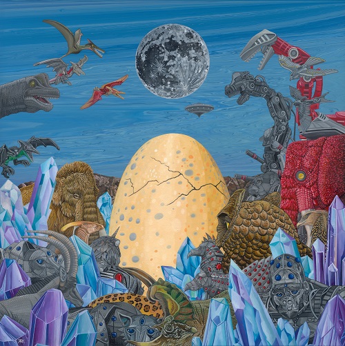 邱泰寬 ，《沙盤遊戲-宇宙蛋 (未來) 》，平面複合媒材，90×90cm，2023。（國立新竹生活美學館提供）