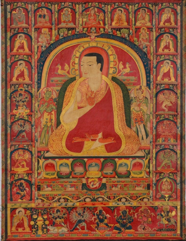 藏中14世紀早期〈類烏齊寺第二任法台烏堅貢布肖像唐卡〉，估價450萬至650萬港元。