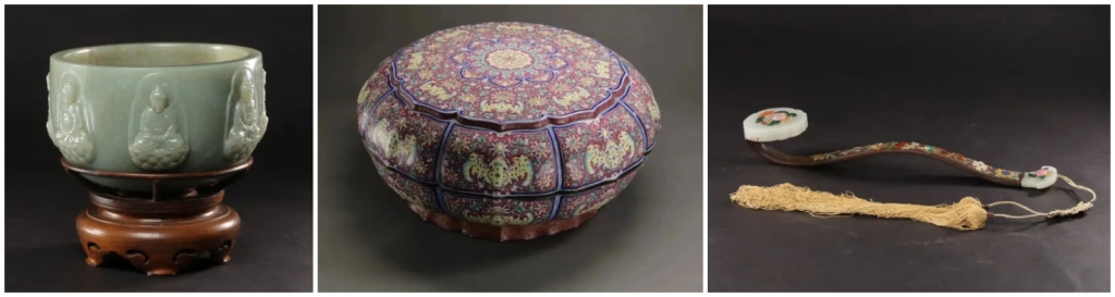 左起：清乾隆（1736-1795）《青玉乾隆御題七佛缽》、清（1636-1912）《銅胎畫琺瑯纏枝番蓮蝠紋瓜楞形捧盒》、清乾隆（1736-1795）《白玉木柄百寶嵌福壽八寶紋如意》。（圖片源自：頤和園博物館）