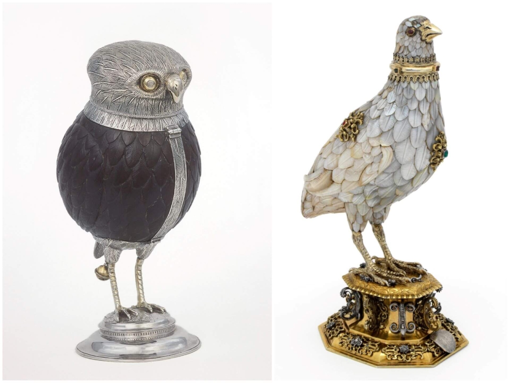 第一次約會的兩隻愛情鳥。左：《貓頭鷹杯》（Owl cup），1548-1549，DIVA博物館藏。© DIVA右：《鷓鴣杯》（Partridge cup），1598-1602，德國紐倫堡。© Victoria and Albert Muse…