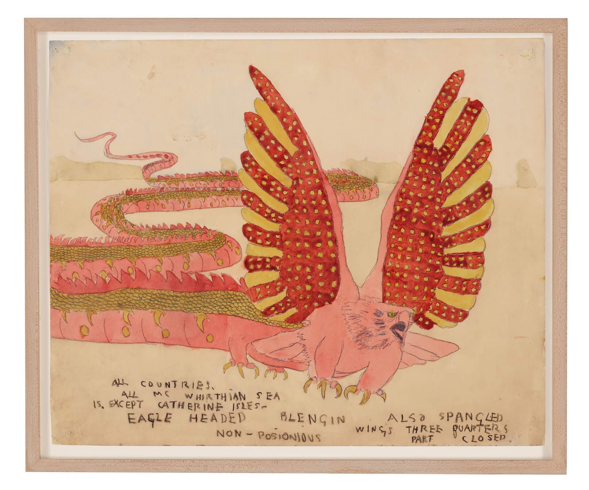 Henry Darger（1892-1973），《Eagle Headed Blengin》，1950-1960，石墨、碳轉印、水彩、紙，14×17英寸，CHRISTIE’S IMAGES LTD. 2024。（佳士得提供）