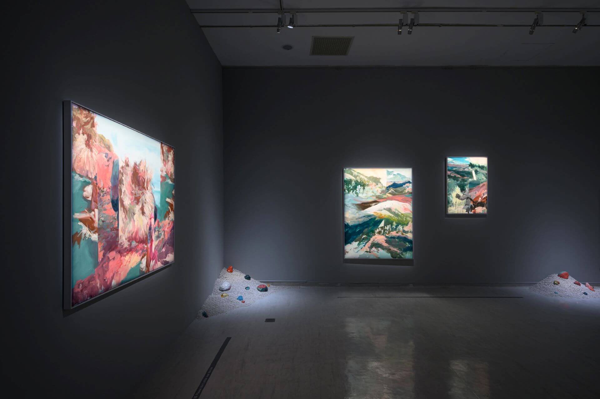「地緣詩學—瀕危世界的多變特質」展至2024年3月10日,臺灣藝術家黃沛涵〈青年活動〉繪畫系列與〈卵石系列〉展示現場。(國立臺灣美術館提供)