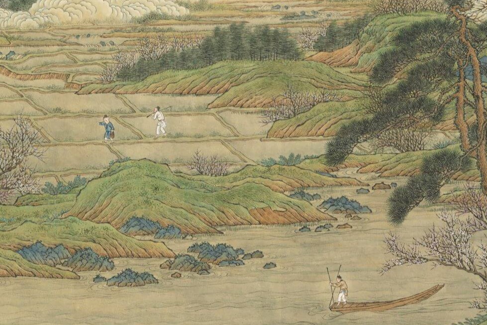 通過狹窄的山洞，映入眼簾的肥美田地、整齊房舍，儼然是太平盛世下淡泊恬靜的村落。清乾隆 王炳《仿趙伯駒桃源圖》（局部），1768，紙本設色，35.1×479.3公分，國立故宮博物院藏。（©國立故宮博物院）