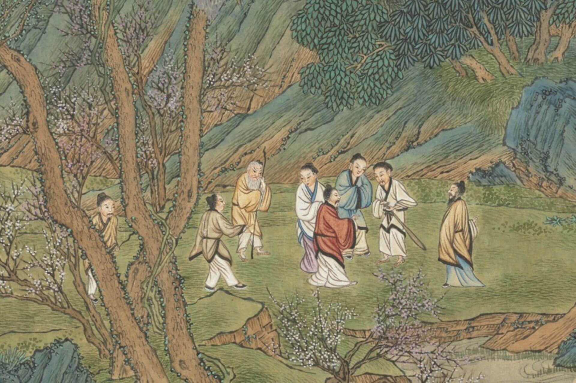 外來的漁夫，被好奇的村民圍住問話。清乾隆 王炳《仿趙伯駒桃源圖》（局部），1768，紙本設色，35.1×479.3公分，國立故宮博物院藏。（©國立故宮博物院）