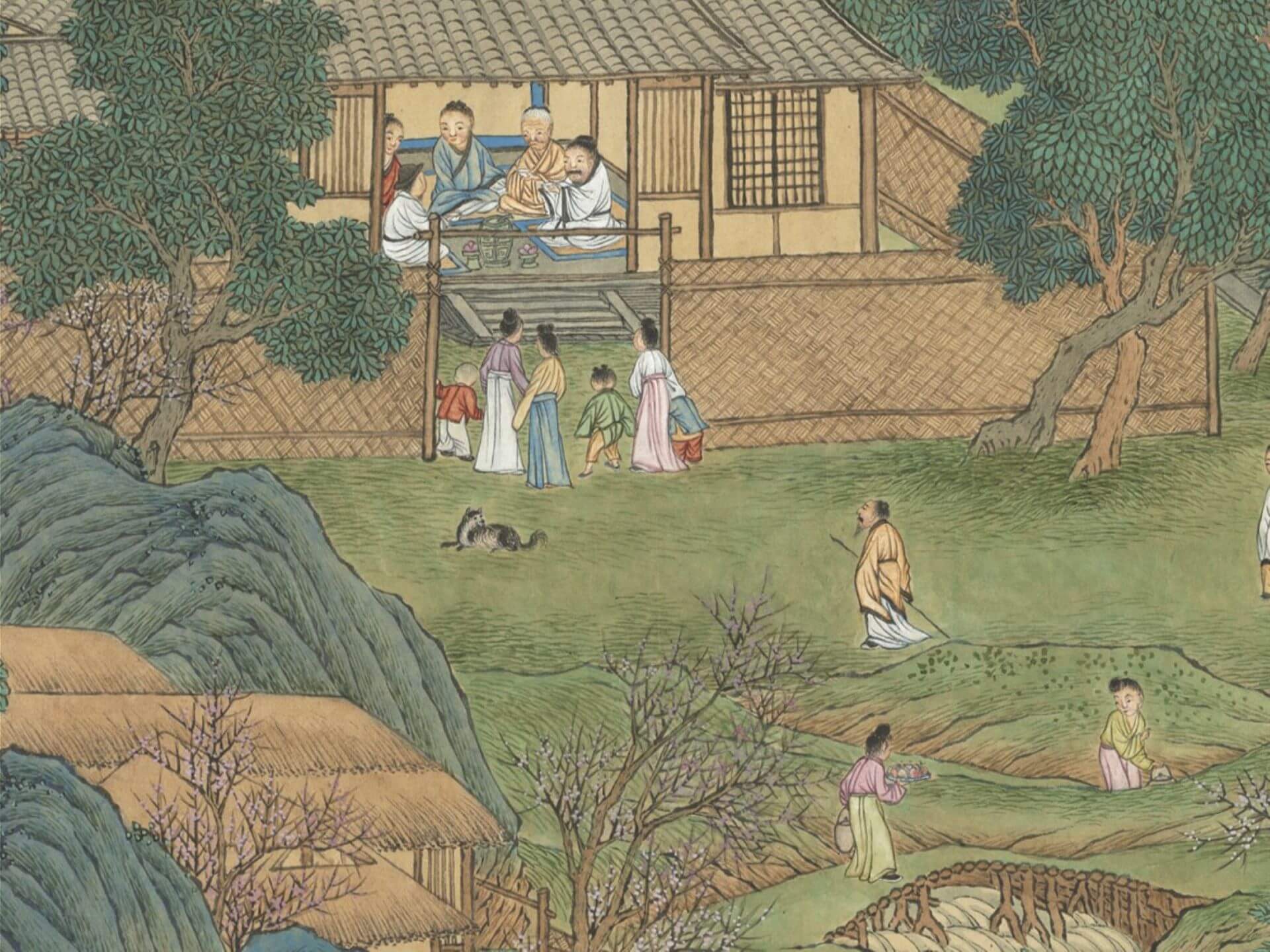 漁夫背對觀眾坐在宴席上，畫面展現交談間賓主盡歡的舉杯場景。清乾隆 王炳《仿趙伯駒桃源圖》（局部），1768，紙本設色，35.1×479.3公分，國立故宮博物院藏。（©國立故宮博物院）