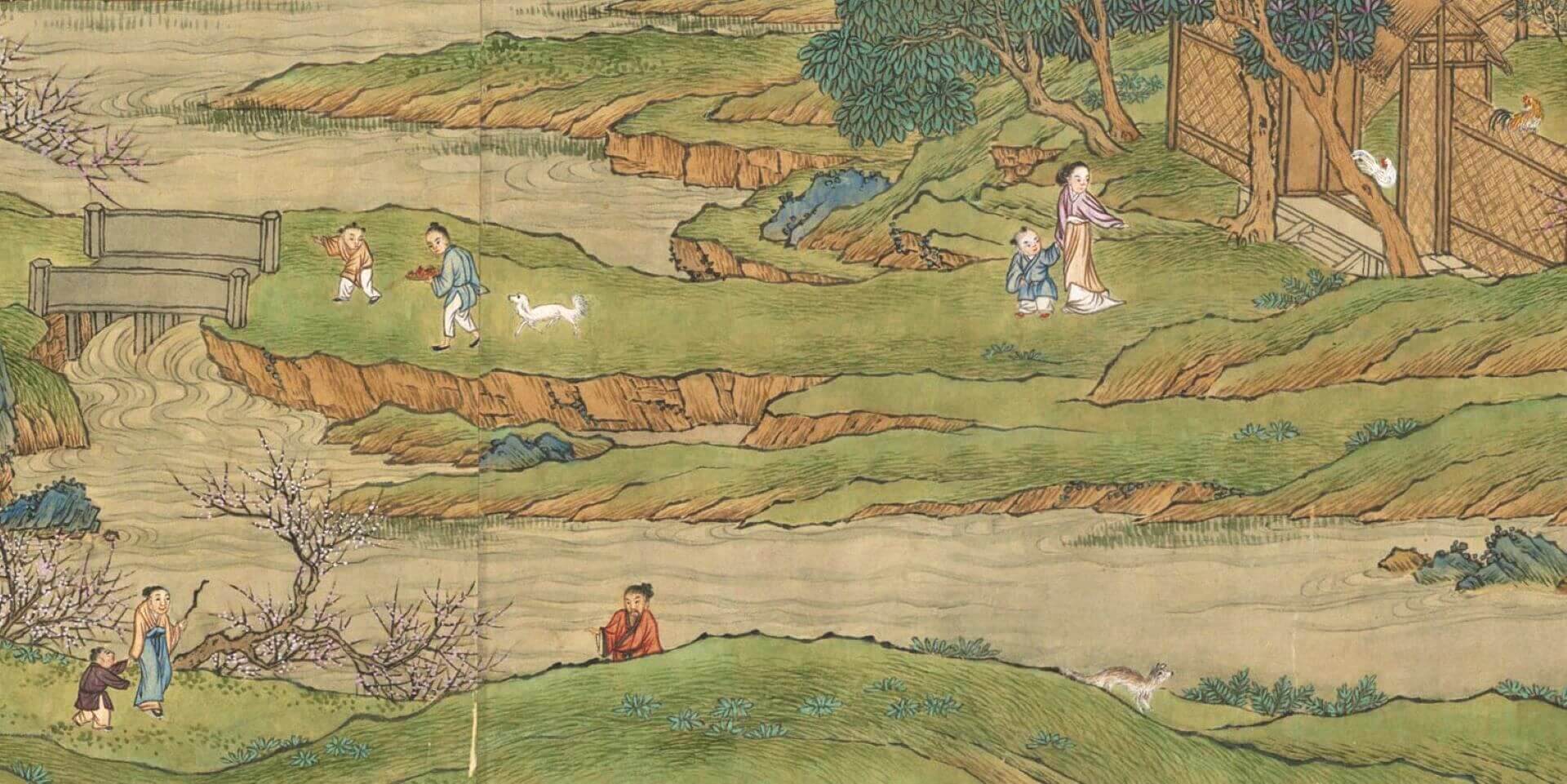畫面右上角的人家養了雞，左上一隻白狗追著端著食物的主人出門；左下可見策杖老人牽著兒童。清乾隆 王炳《仿趙伯駒桃源圖》（局部），1768，紙本設色，35.1×479.3公分，國立故宮博物院藏。（©國立故宮博物院）