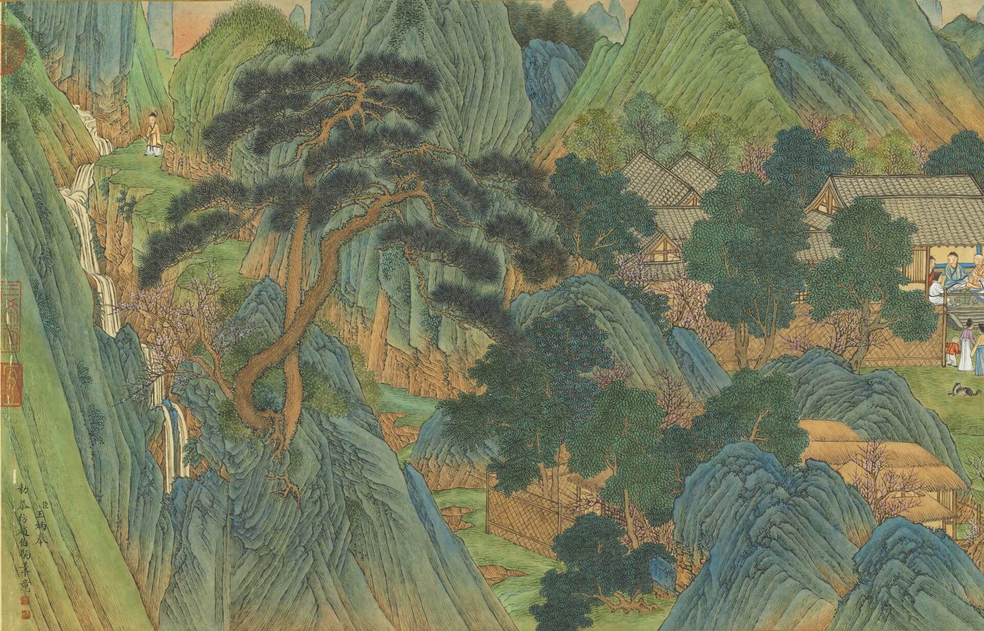 畫卷最後以高士追尋場景結束。清乾隆 王炳《仿趙伯駒桃源圖》（局部），1768，紙本設色，35.1×479.3公分，國立故宮博物院藏。（©國立故宮博物院）