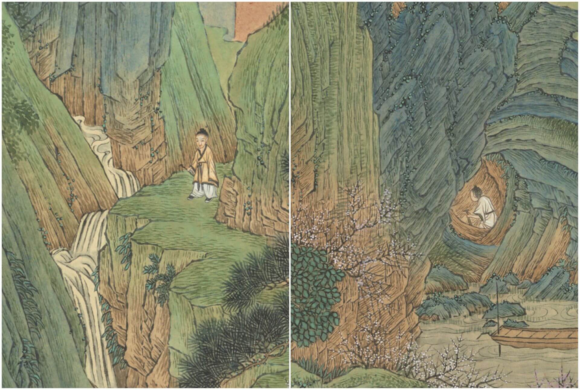 （左）高士劉子驥尋訪桃花源的情景；（右）漁夫進入桃花源的背影。清乾隆 王炳《仿趙伯駒桃源圖》（局部），1768，紙本設色，35.1×479.3公分，國立故宮博物院藏。（©國立故宮博物院）
