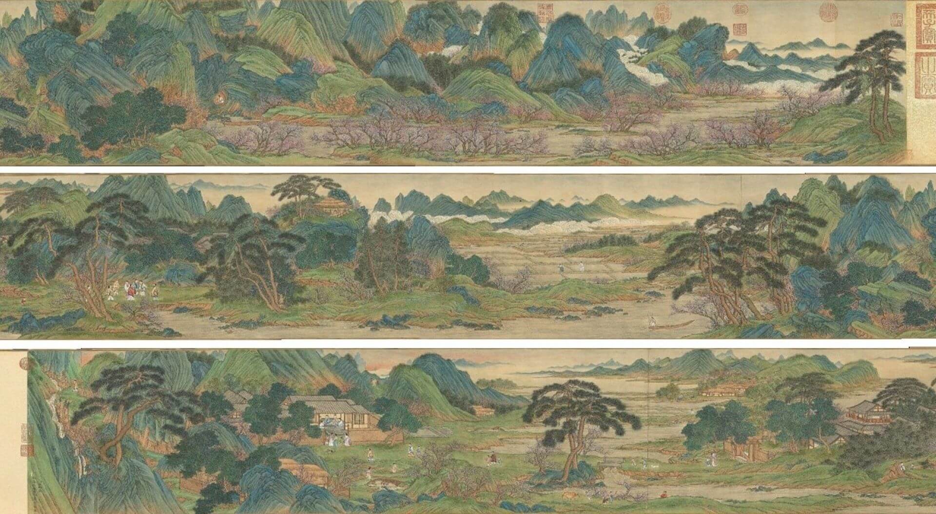 清乾隆 王炳《仿趙伯駒桃源圖》，1768，紙本設色，35.1×479.3公分，國立故宮博物院藏。（©國立故宮博物院）