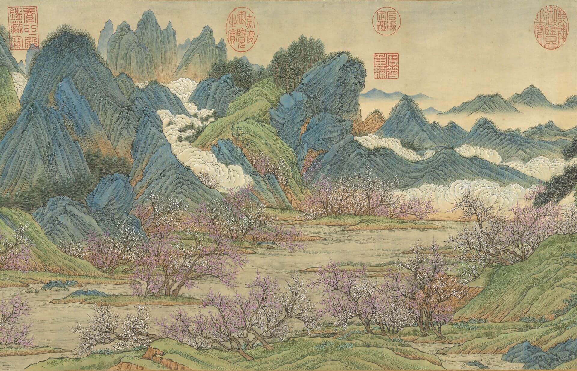 詩人想像中溪岸桃花盛開的美景。清乾隆 王炳《仿趙伯駒桃源圖》（局部），1768，紙本設色，35.1×479.3公分，國立故宮博物院藏。（©國立故宮博物院）