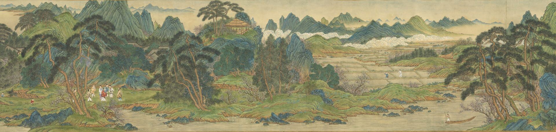 第二段描繪漁夫出洞發現村莊、遇見村人情景。清乾隆 王炳《仿趙伯駒桃源圖》（局部），1768，紙本設色，35.1×479.3公分，國立故宮博物院藏。（©國立故宮博物院）