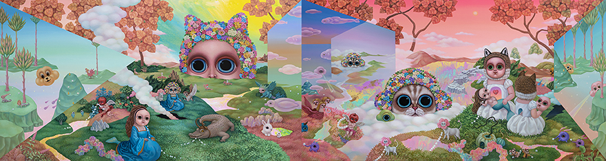 張嘉穎，忘憂森林裡的珍珠之歌，100x187cm(x2)，壓克力、畫布，2023。（采泥藝術提供）