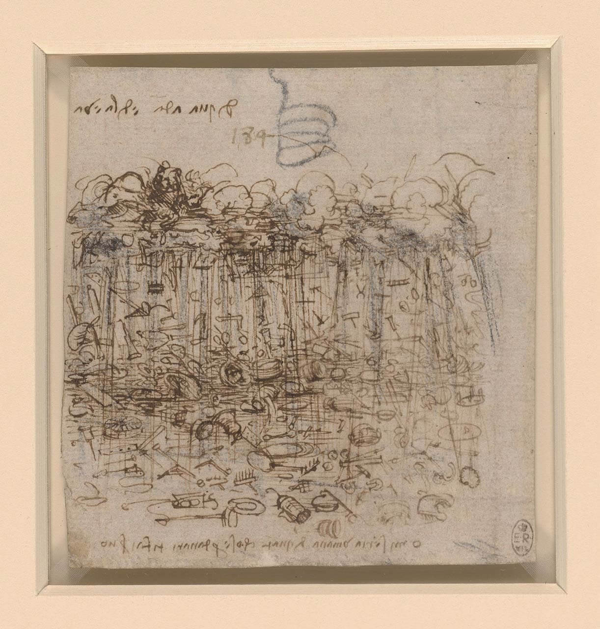 達文西，《物質財產的暴雨》，墨水素描，11.7×11.1cm，約1506-12，底下銘文為：「人何悲苦？為求財富，妄造萬物。」（英國溫莎皇家圖書館藏，Royal Collection Trust提供）