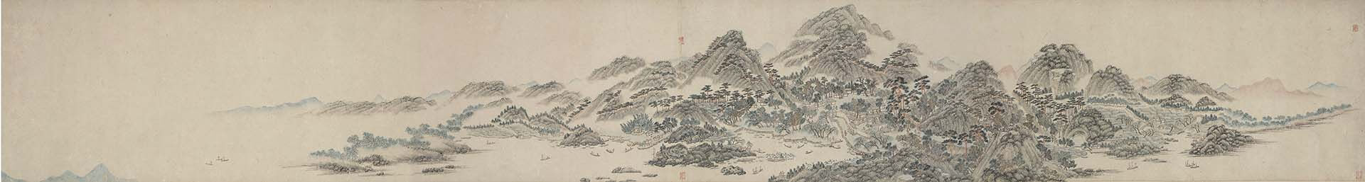 明弘治十七年（1504）沈周〈縹渺峰圖卷〉，松岡美術館藏。攝影／野久保雅嗣。（展示期間：2023/10/24－12/10）