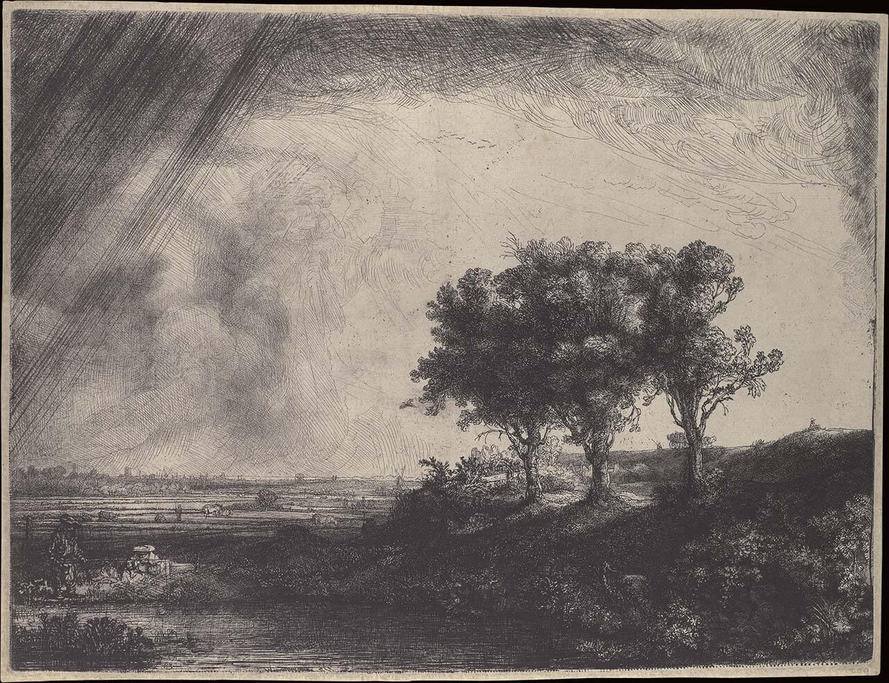 林布蘭，《三棵樹》，蝕刻版畫，21.3×27.8 cm，1643。（大都會博物館提供）