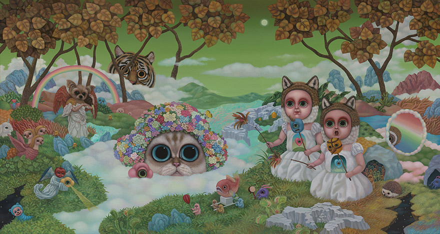 張嘉穎，《忘憂森林裡的慶典》，100x187cm&nbsp;，壓克力、畫布，2022。（采泥藝術提供）