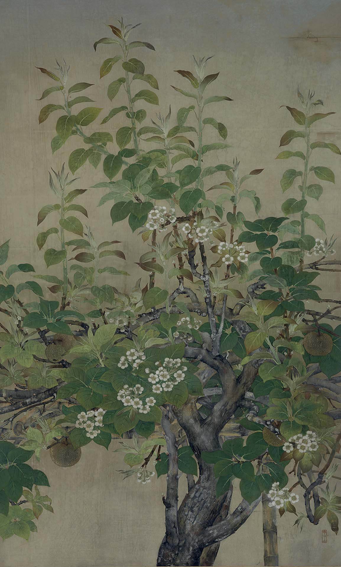 盧雲生，《梨子棚》，膠彩絹本，207×125.5 cm，1934。（©北美館，圖像由北美館提供。本作將於「膠彩．台灣」（暫名）展出）