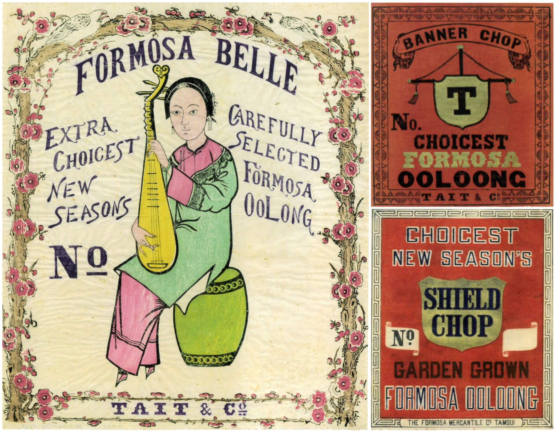 （左）福爾摩沙美女茶箱標籤，德記洋行，約1890年；（右上）福爾摩沙烏龍，德記洋行，約1890年；（右下）福爾摩沙烏龍，淡水馬瑾岱商行，約1890年。（圖片源自：展覽圖錄《世紀的容顏》，頁104、105。）