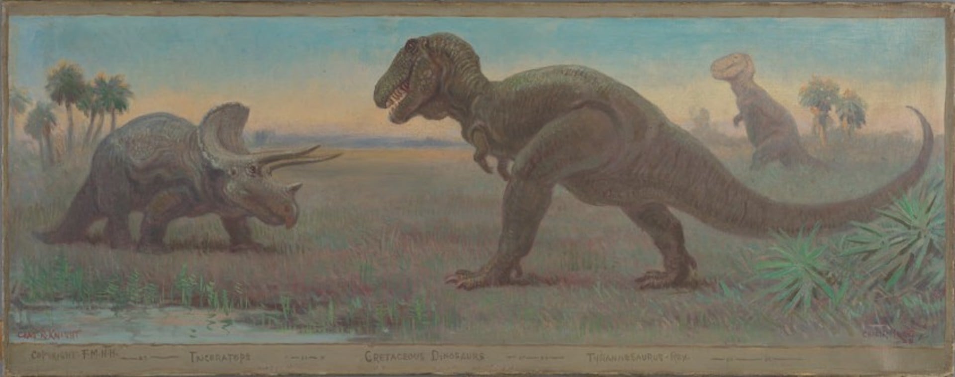 查爾斯．耐特（Charles R. Knight），《霸王龍與三角龍》（Tyrannosaurus and Triceratops），布面油畫，38.1 x 96.5 公分，1927年。© Princeton University