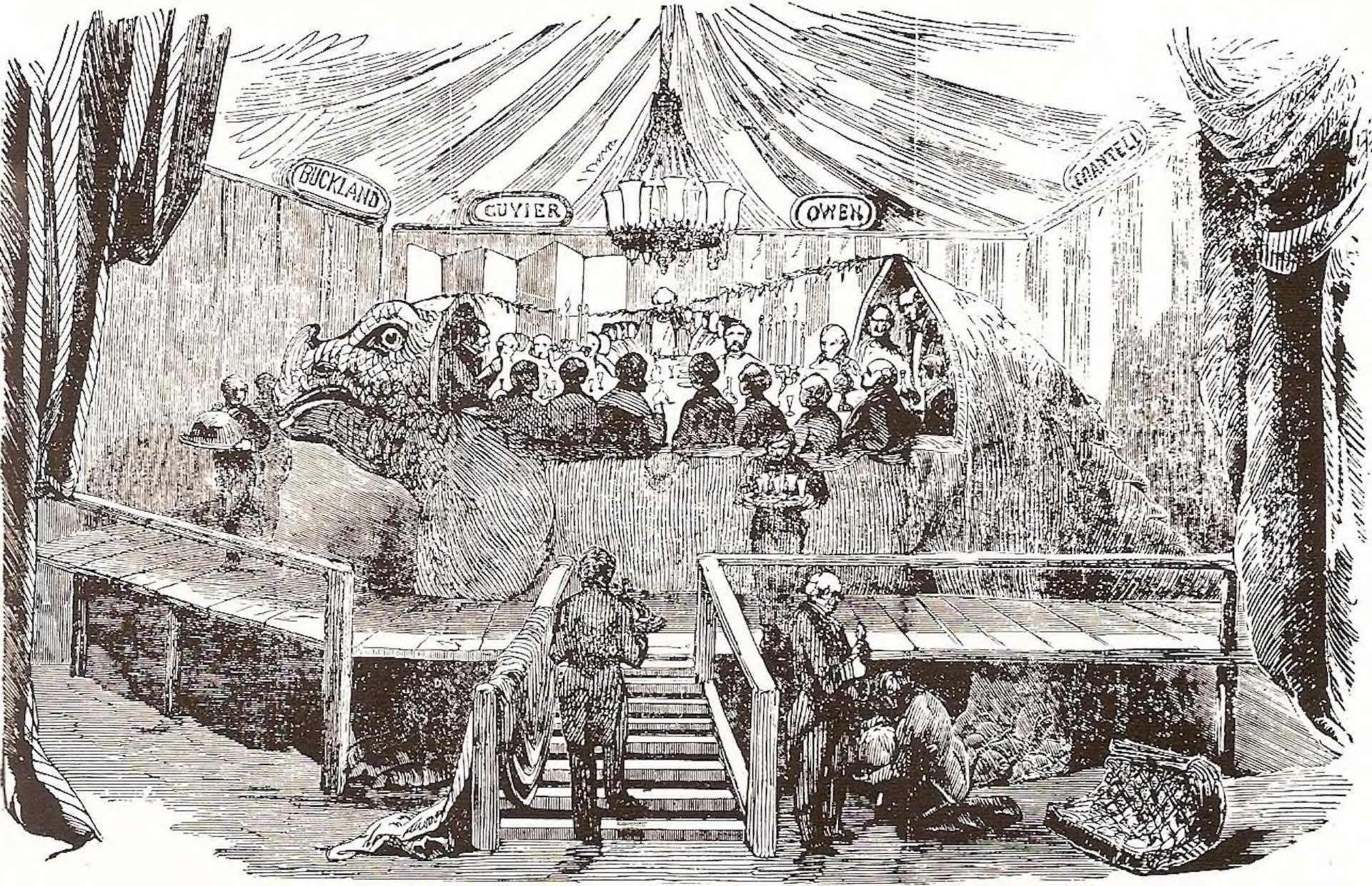 班傑明．霍金斯1854年宴會木刻版畫。參見：Dîner du Nouvel An qui a lieu le 31 décembre 1853 et qui est immortalisé dans un article de l̵…
