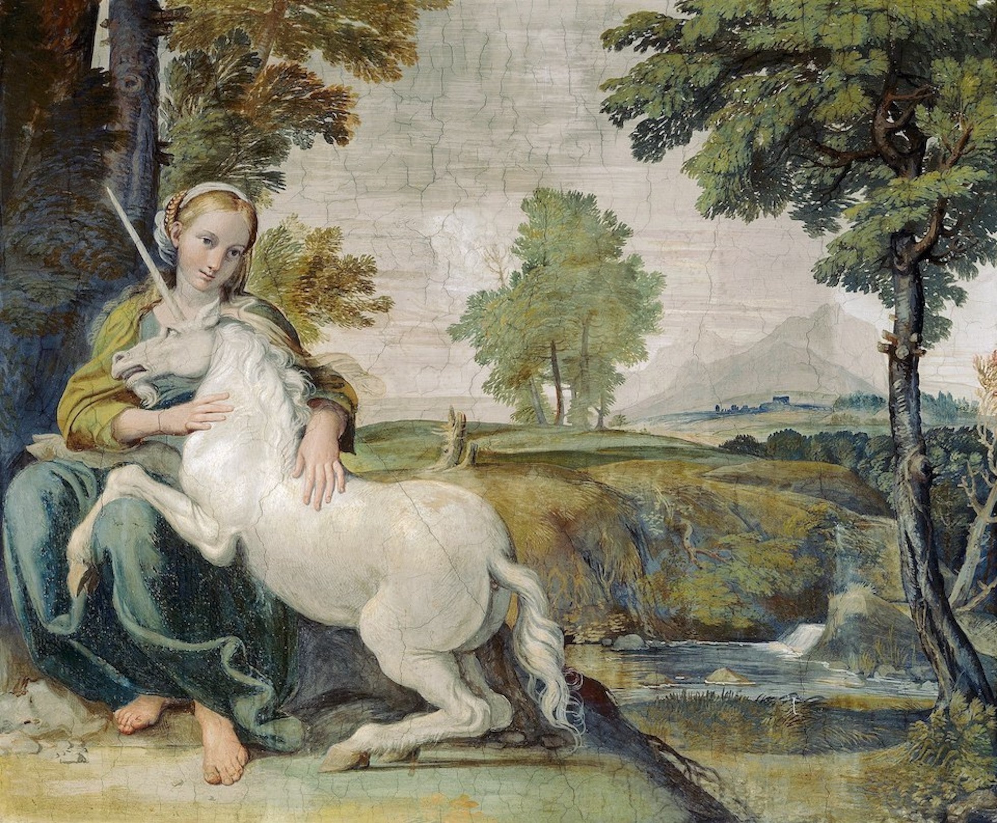多梅尼基諾 （Domenico Zampieri），《處女與獨角獸》（Virgin and Unicorn），壁畫，1602年。（Public Domain）