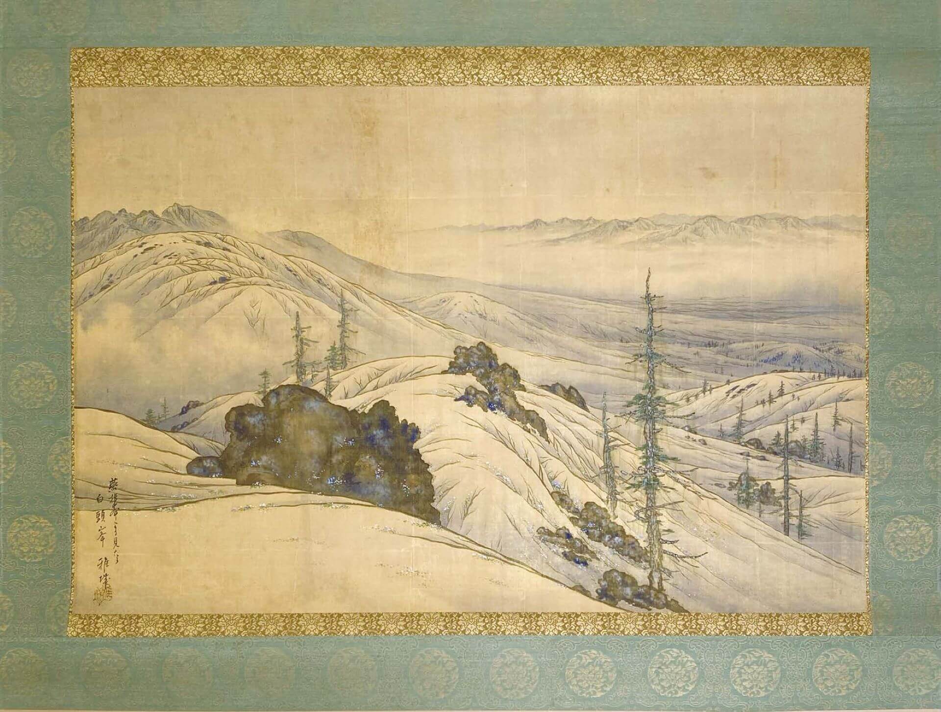 那須雅城，〈從燕指峰望向白頭峰〉，約1926年，立軸紙本設色，55.5×84公分，臺灣神社舊藏，現藏國立臺灣博物館。（攝影／劉錡豫）