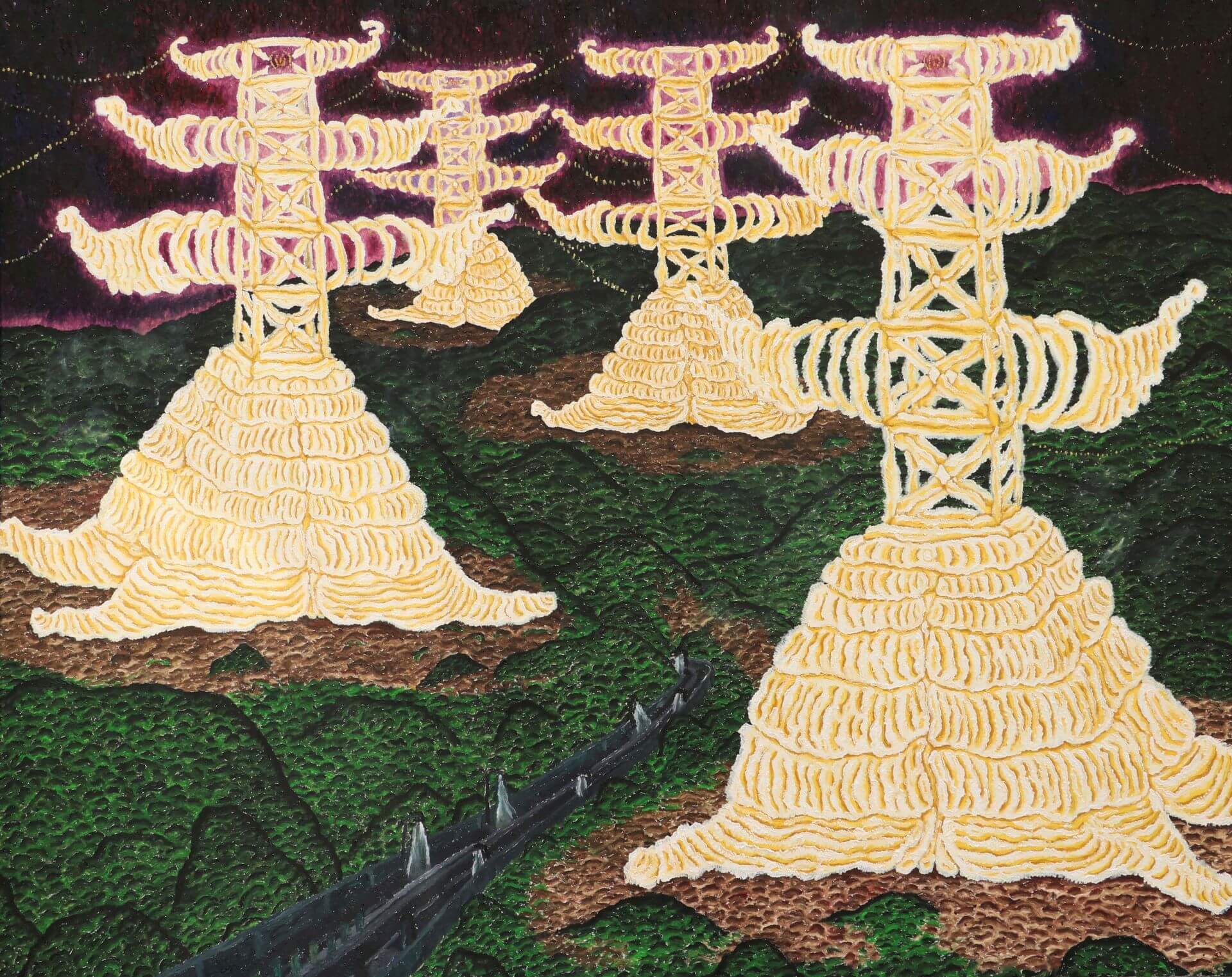 第22屆台新藝術獎入圍作品 -《最佳地點地圖：蕭其珩個展》 －〈高壓電塔之家〉 2022, oil on canvas, 130×162 cm（攝影：蕭其珩）