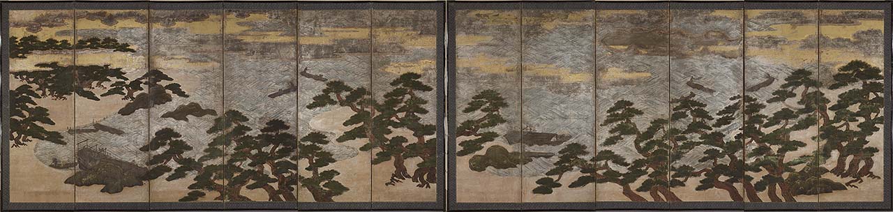 室町時代15世紀〈濱松圖屏風〉，東京國立博物館藏。圖取自ColBase。