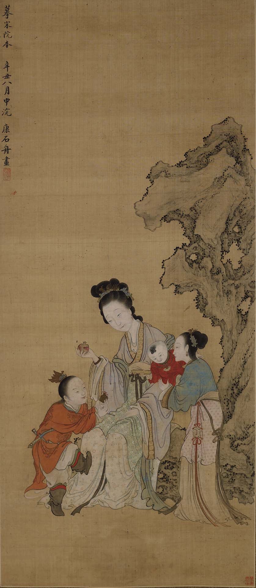 圖1 清 康濤1721年作〈仕女嬰戲圖〉，絹本水墨設色，179.7×64.5公分，美國哈恩藝術博物館藏