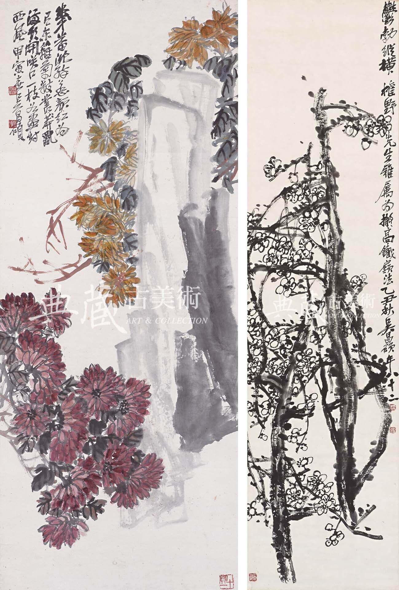 左：圖3 吳昌碩1914年作〈菊石圖〉，紙本設色，131.7×53.2公分，梅舒適舊藏，兵庫縣立美術館藏。（後期展示）右：圖4 吳昌碩1925年作〈墨梅圖〉，紙本水墨，135×34.9公分，梅舒適舊藏，兵庫縣立美術館藏。（後期展示）