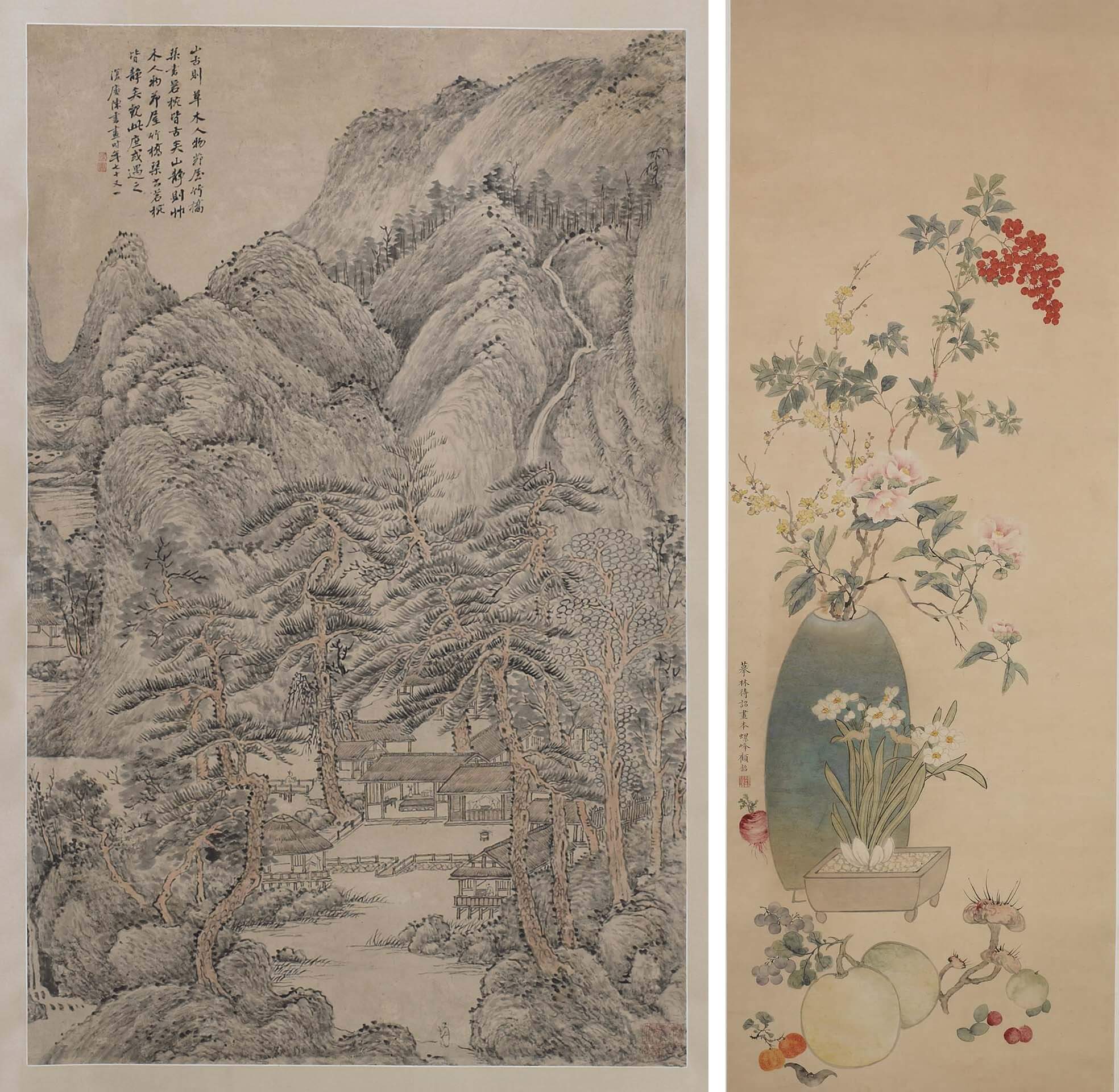 左 圖7 清 陳書1730年作〈仿王蒙山水軸〉，紙本水墨，217.8×80.6公分，美國哈恩藝術博物館藏。右 圖8 清 顧韶〈果蔬花卉圖軸〉，紙本水墨設色，129.5×46公分，美國哈恩藝術博物館藏。