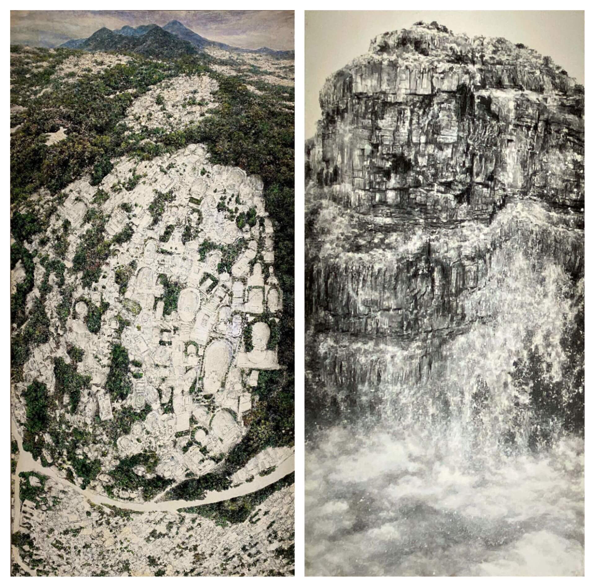 （左）洪天宇《觀音山》，壓克力彩、鋁板， 藝術家家屬藏 。（右）洪天宇《玉山南峰》，水墨、紙本、鋁板，藝術家家屬藏 。（攝影／顏子軒）
