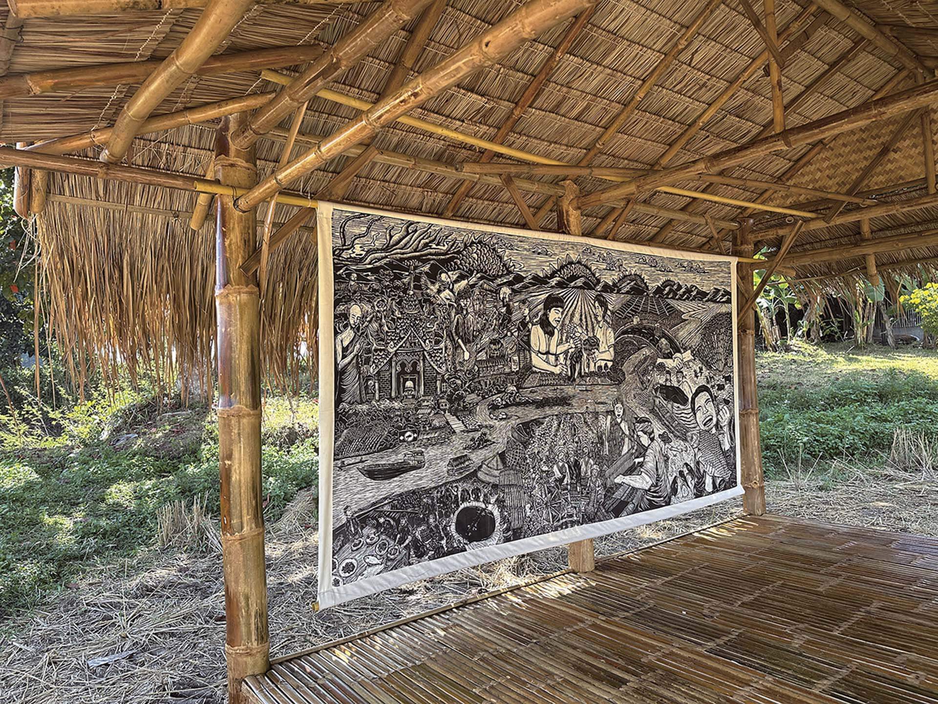 馬來西亞沙巴原住民藝術家團體「Pangrok Sulap」，將版畫作品展示於梅老地區的農田休憩亭。（攝影／謝宇婷）
