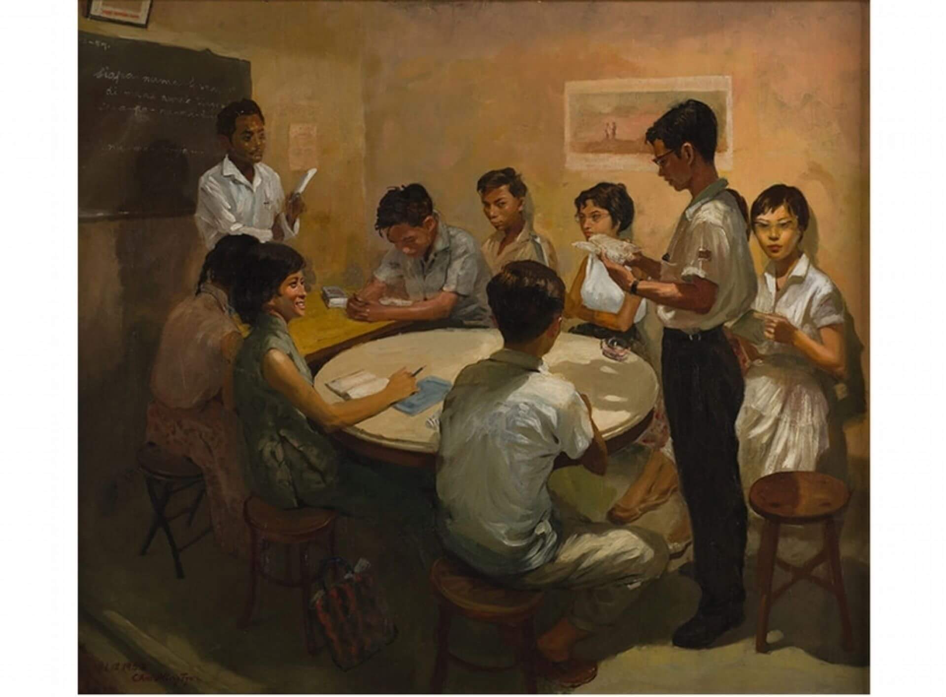 蔡名智《國語課》，油彩畫布，112×153公分，1959，新加坡國家美術館藏。（國家遺產委員會提供）