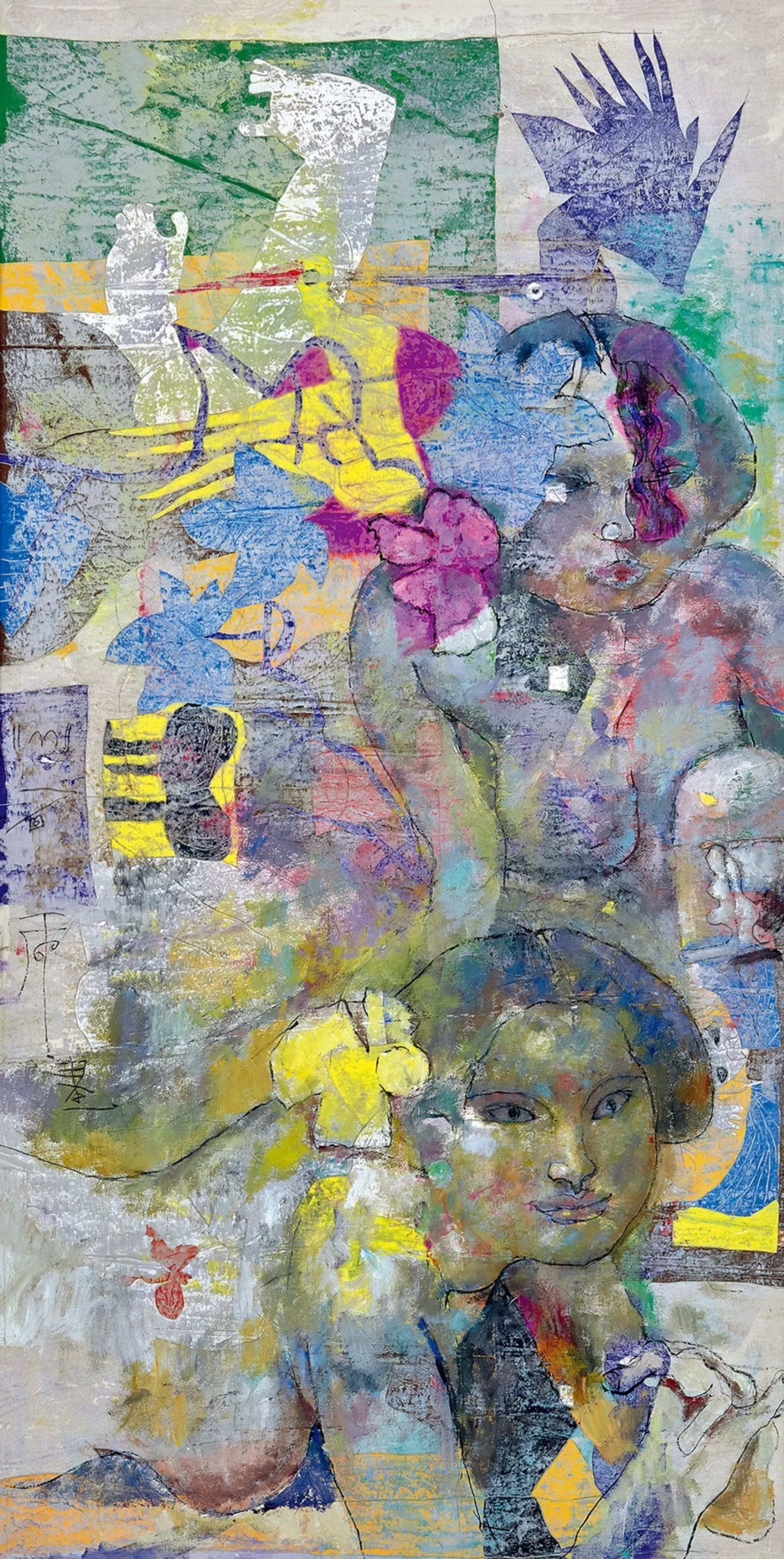 石虎，《二女圖》，彩墨 紙本，96 × 48.5 cm，2002。估價：HK$ 80,000 – 150,000（中國嘉德香港提供）