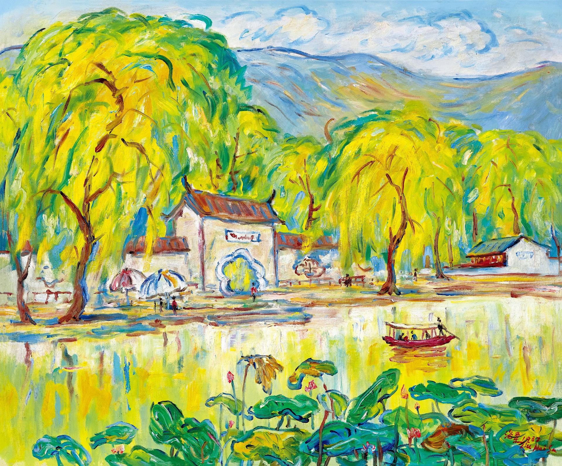 劉海粟，《荷塘柳岸》，油彩 畫布，60 × 72 cm，1982。估價：HK$ 1,600,000 – 2,500,000（中國嘉德香港提供）