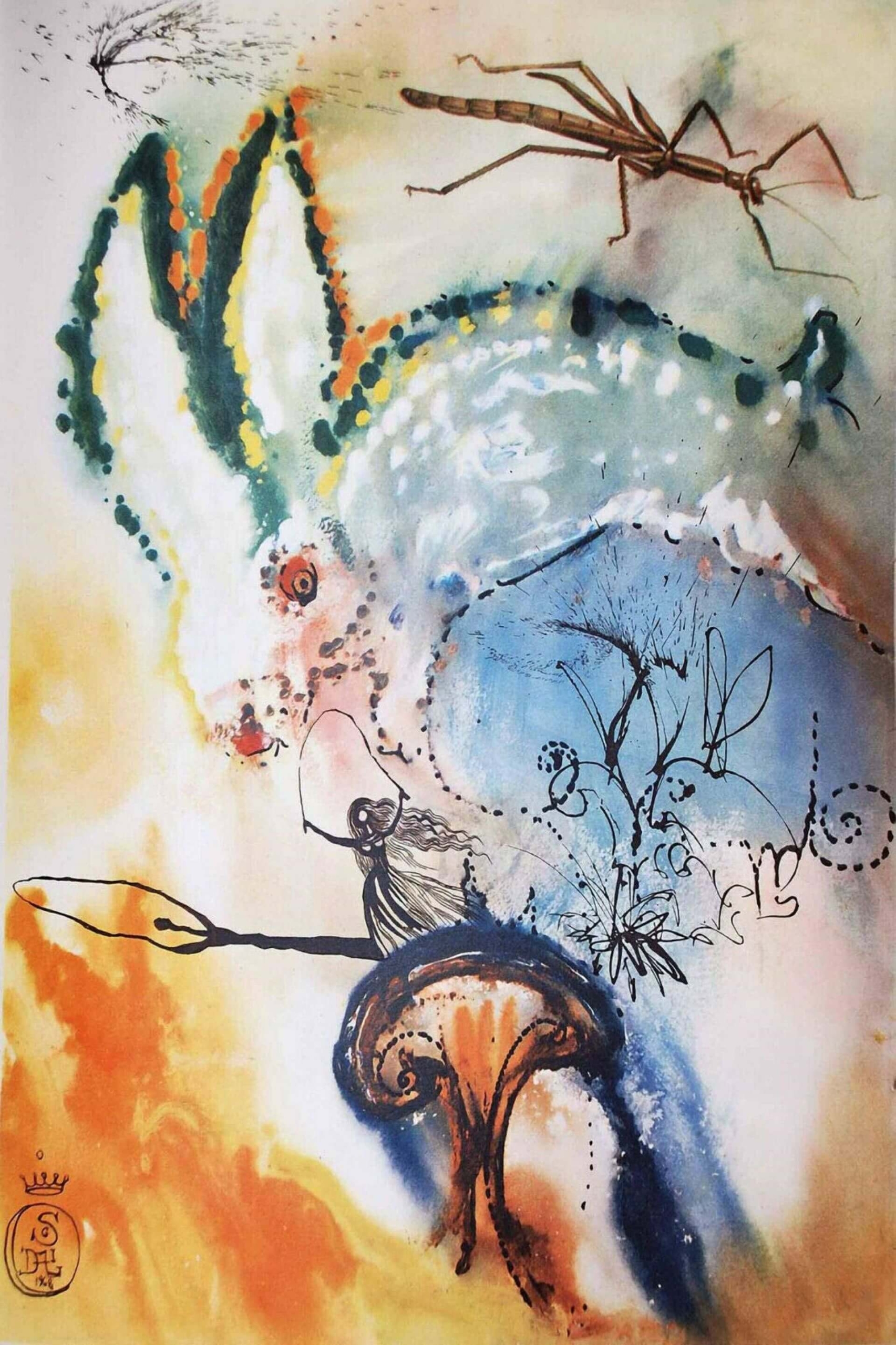 薩爾瓦多・達利（Salvador Dali）在藍燈書屋（Random House）的委託下，為《愛麗絲夢遊仙境》繪製了12幅版畫插圖（1969）。圖為《愛麗絲夢遊仙境》第一章〈掉進兔子洞〉（Down the Rabbit Hole）插圖。（…