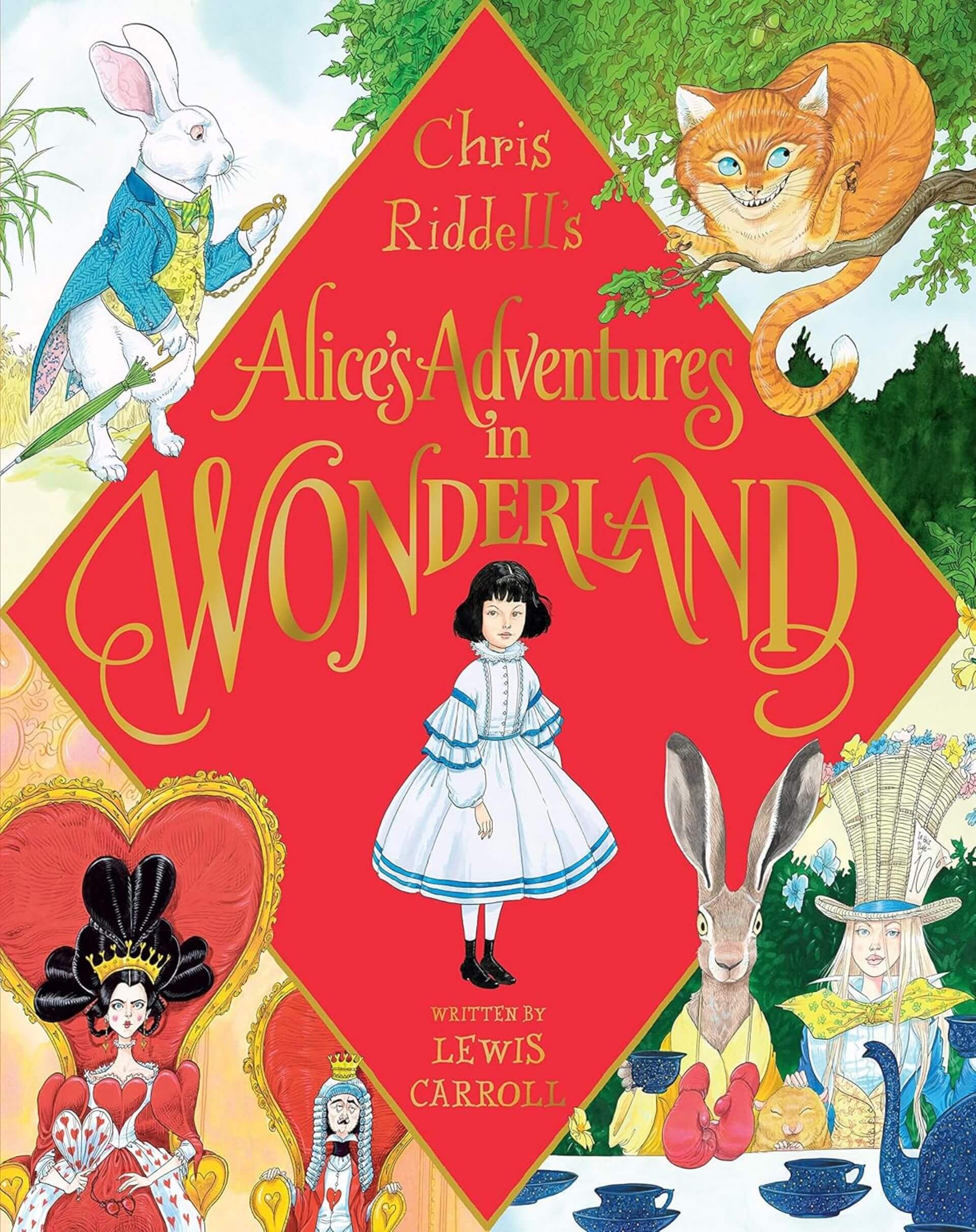 南非裔插畫家克里斯・里德爾（Chris Riddell）打破慣例，將愛麗絲還原為黑色短髮的形象，以此向最初的繆思女孩愛麗絲・李道爾致意。《愛麗絲夢遊仙境》書封，2020年英國出版。（©Chris Riddell）