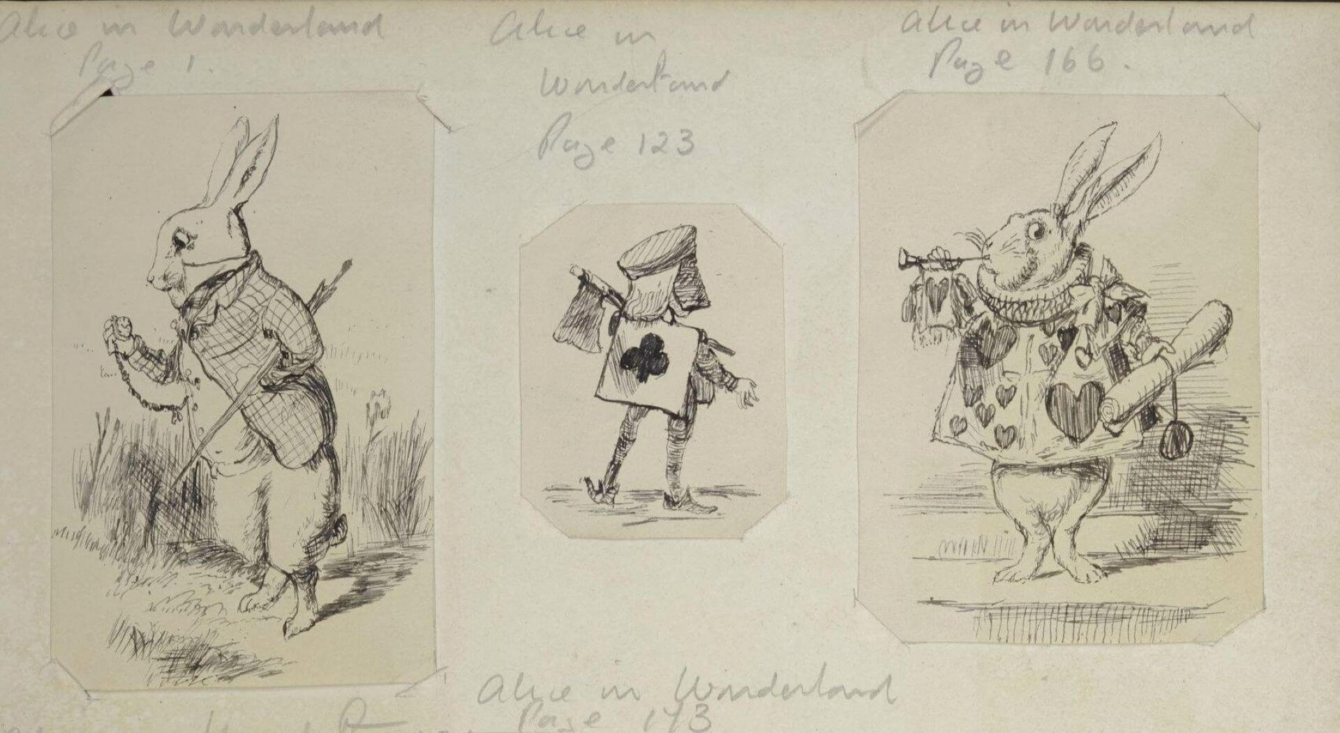 約翰．譚尼爾（John Tenniel）為1865年第一版的《愛麗絲夢遊仙境》中角色繪製的原版手繪插圖稿。（© Victoria and Albert Museum, London）